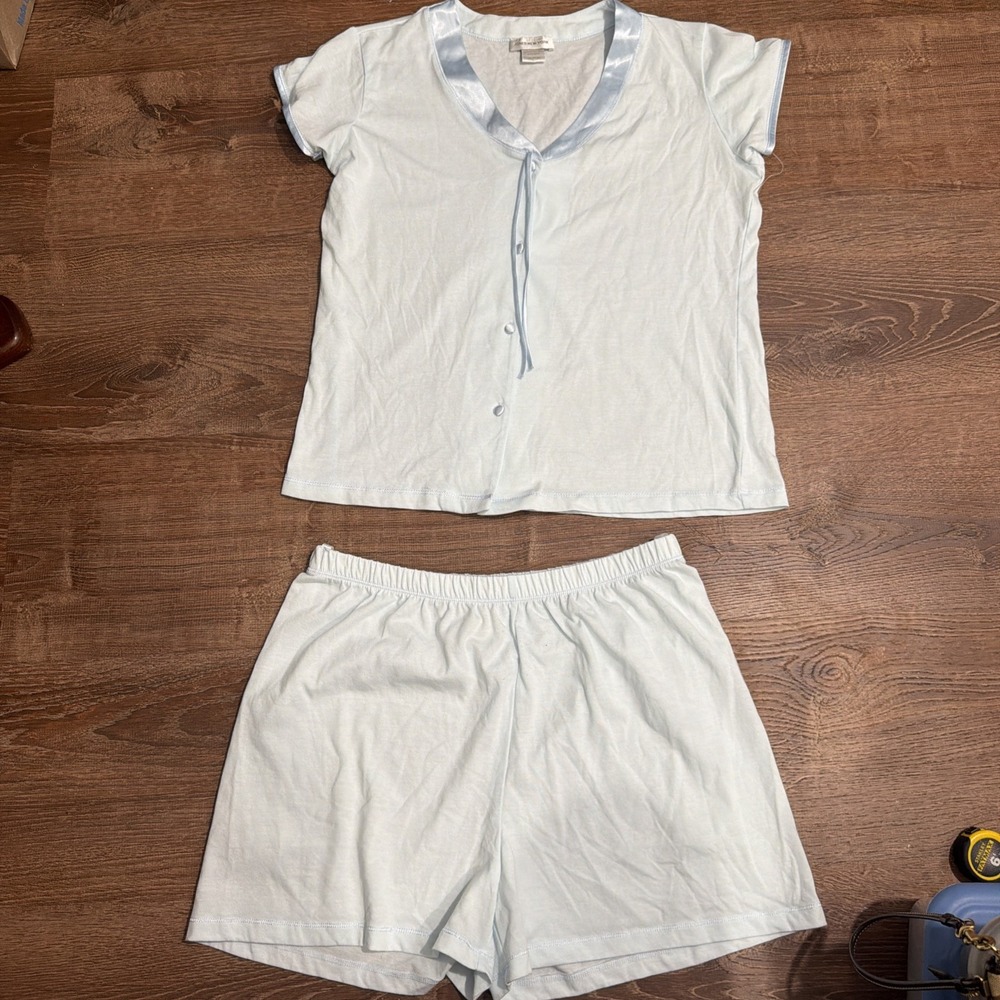 Jones New York Womens M Pajama Set Blue Short Sleeve Shorts Lounge PJs